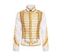 Ro Rox Adam Men’s Marching Band Military Jacket, Military Drummer Parade Jacket for Festivals, Stage Performances, Themed Parties, Cosplay Events, White & Gold, M