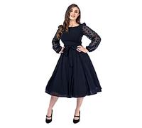 Ro Rox Delilah 1950s Midi Dress for Women - Pom Pom Sleeves, Swing Vintage, Elegant Retro Rockabilly, Black, S