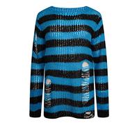 Ro Rox Gothic Knitted Jumper with Distressed Look - Oversized Pullover with Ripped Design, Long Sleeves, Loose Fit, 90s Grunge Style Stripe Pattern, Blue, L-XL