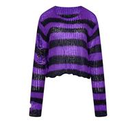 Ro Rox Ryette Cropped Striped Knit Jumper for Women - Distressed Oversized Grunge Gothic Sweater, Long Sleeve Alternative Punk Alt Top Black-Purple