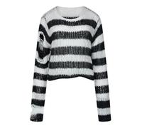 Ro Rox Ryette Cropped Striped Knit Jumper for Women - Distressed Oversized Grunge Gothic Sweater, Long Sleeve Alternative Punk Alt Top Black-White