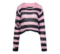 Ro Rox Ryette Cropped Striped Knit Jumper for Women - Distressed Oversized Grunge Gothic Sweater, Long Sleeve Alternative Punk Alt Top Black-Pink