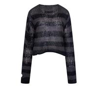 Ro Rox Ryette Cropped Striped Knit Jumper for Women - Distressed Oversized Grunge Gothic Sweater, Long Sleeve Alternative Punk Alt Top Black-Grey