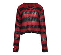 Ro Rox Ryette Jumper Distressed Oversized Gothic Knit Grunge Sweater Top, Black-Red, S-M (UK 10-14)