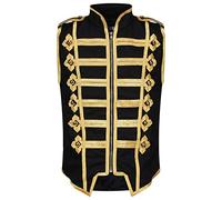 Ro Rox Sleeveless Marching Band Parade Military Jacket, Lightweight Military Drummer Vest for Stage Performances, Steampunk Themed Parties, Dress Up Parties, Black & Gold, L