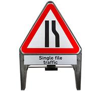 Road Narrows Right With Single File Traffic Supplementary Provision 750mm Triangle Road Sign 517- Plastic Temporary Road Street Traffic Safety Sign for Road and Street Works