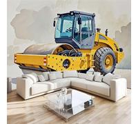 Road Roller Construction Vehicle Wall Mural 3D Effect Watercolor Cartoon Non-Woven Self-Adhesive Wallpaper Living Room Bedroom Home Decor TV Background Large Art Wall Painting 200x140 cm