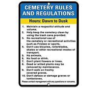 Road Signs Cemetery Rules And Regulations Hours: Dawn To Dusk Warning Sign 12" X 8"