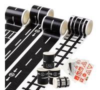Road Tape DIY Traffic Sign Set, 9 Pcs Road Police Tape for Toy Cars, Highways Road Tape, Removable Train Track Tape with Toy Road Signs, for Kids to Learn Traffic Rules, Playroom, and Kids Party