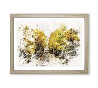 Road Through A Yellow Forest Watercolour Modern Framed Wall Art Print, Ready to Hang Picture for Living Room Bedroom Home Office Décor, Oak A4 (34 x 25 cm)