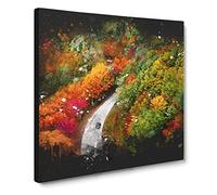 Road Through An Autumn Forest Vol.2 Paint Splash Canvas Print | Gallery Wrapped 30mm Frame Wall Art | 20x20 inches | Ready to Hang | Modern Landscape Picture | Living Room Bedroom Lounge Office