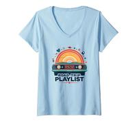 Road Trip Playlist Retro Car Sunset Adventure V-Neck T-Shirt, Women, Baby Blue, XL