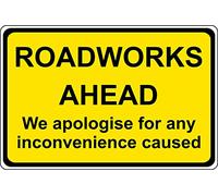 Road works ahead we apologise for any inconvenience caused Safety sign - Self adhesive sticker 300mm x 200mm