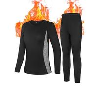Roadbox Thermal Underwear Base Layers for Women - Fleece Lined Crew Neck Long Johns Warm Tops & Bootoms Sets Skiing Winter Black Gray
