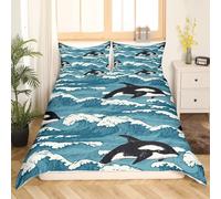 Roadchoice Killer Whale Duvet Cover King Size Cartoon Whale Bedding Set of 3 for Bedroom Decor Blue Sea 3D Printed Comforter Cover and 2 Pillowcase, Soft Brushed Microfiber with Zipper Closure