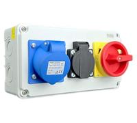 RoadEu - CEE Power Distributor IP44 16Amp Switched 3P (2P+E) with 13A UK socket and Padlockable Power Isolator. Perfect for workshop, garage or shed.