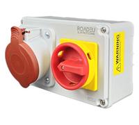 RoadEu - CEE Socket 32A 5-Pin with Main Switch 0-1 - Three-Phase Power Distribution IP44 Wall Mounted - with Access Lock - for Workshop, Construction Site, Industry