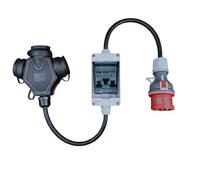 RoadEu High Current Adapter, CEE Plug 16 A, 380 V to 220 V Adapter, 3 x 220 V Schuko Coupling, Fuse Box with 3 x Circuit Breaker 16 A C, Rubber Power Cable 1 Metre