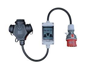 RoadEu High Current Adapter, CEE Plug 16 A, 380 V to 220 V Adapter, 3 x 220 V Schuko Coupling, Fuse Box with 3 x Circuit Breaker 16 A C, Rubber Power Cable 1 Metre