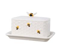 RoadLoo Ceramic Butter Dish, 1 Piece Butter Dishes Porcelain Butter Dishes with Handle, White Bee Butter Dish Made of Ceramic, Thick-Walled Butter Dish Butter Container Dishwasher Safe