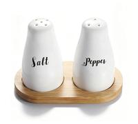 RoadLoo Salt and Pepper Shaker Set, 2 Pieces Ceramic Salt Shaker Set with Bamboo Tray and Sticker, Wedding Gift for Bride and Groom, Housewarming Gifts for Home, Table Decoration