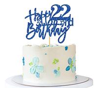 RoadSea 22nd Birthday Cake Topper - Blue Glitter - 1 Pack (5.9 x 4.7 inches)