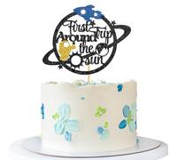 RoadSea First Trip Around The Sun Cake Topper - Gender Reveal Party Cake Supplies - Baby Shower - Boy First Birthday Party Decoration - Black Glitter