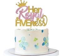 RoadSea Her Royal Fiveness Cake Topper - Kid Girl 5th Birthday Cake Supplies - Five Years Old - Princess 5th Birthday Party Decoration - Gold & Pink Glitter
