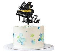 RoadSea Piano Happy Birthday Cake Topper - Music Theme Birthday Party Cake Supplies for Boy Girl - Pianist Musician Birthday Party Decorations - Black & Gold Glitter