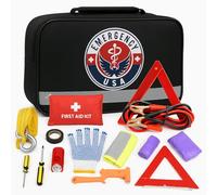 Roadside Assistance Car Emergency Kit - First Aid Kit, Jumper Cables, Tow Rope, LED Flash Light, Rain Coat, Tire Pressure Gauge, Safety Vest & More Ideal Winter Accessory for Your Car, Truck Or SUV