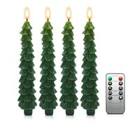 Roadtime Christmas Tree Candles with Remote Control and Timer, Pack of 4 Wax LED Taper Candles Flickering, Battery Operated Flameless Candles with 3D Wick, Green Candles for Fireplace and Home