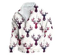 ROAEKCUSE Men's Autumn Winter Stand Up Collar Zipper Christmas Print Hoodie, White, S
