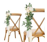 Roahosy Wedding Aisle Pew Flowers Set of 6, White Rose Chair Decorations Aisle Flower Arrangements with Chiffon Ribbons for Wedding Ceremony Party Church Chair Decor