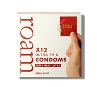 Roam Ultra Thin Condoms, Original Latex Regular Fit Condom for Safer Sex and Contraception, 100% Vegan and Generously Lubricated for Skin Feel Experience Pack of 12 Transparent Condoms