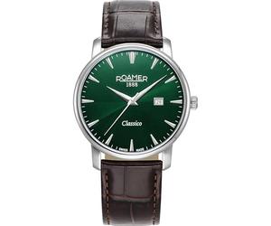 Roamer Classico Gents Date 40mm Stainless Steel Case Green Dial Brown Leather Strap Sapphire Crystal Classic Elegant Men's Watch