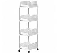 RoaQinFo Basket Storage Cart Multifunctional Pull-out Basket Storage Trolley Perforated Rolling Cart with Swivel Casters for Living Room Corner, White, 4 Tier