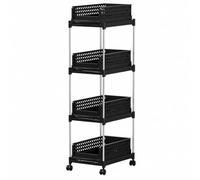 RoaQinFo Basket Storage Cart Multifunctional Pull-out Basket Storage Trolley Perforated Rolling Cart with Swivel Casters for Living Room Corner, Black, 4 Tier