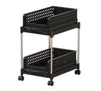 RoaQinFo Basket Storage Cart Multifunctional Pull-out Basket Storage Trolley Perforated Rolling Cart with Swivel Casters for Living Room Corner, Black, 2 Tier