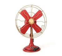 RoaQinFo Decorative Fan Vintage Metal Tinplate Tabletop Prop Weighted Circular Base Antique Four Vanes Wire Grille Suitable for home decoration gift giving artistic displays, Red