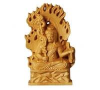 RoaQinFo Home Statue Immovable Wisdom King Sculpture Figurine Carved Ornament Boxwood Keepsake With Flame Circle Backdrop Freestanding Rectangular Base