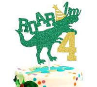 Roar I'm 4 Cake Topper, Dinosaur Jungle Safari Cake Topper for Boys Girls, Happy 4th Birthday Party Decorations Supplies for Kids, Gold Glitter
