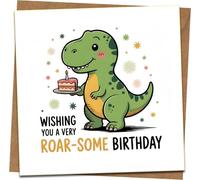 Roar-some Birthday Dinosaur Card - Cute T-Rex Holding Cake, Square 145mm x 145mm Greeting Card with Kraft Envelope - Funny Kids Boys Girls