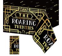 Roaring 1920s Party Plastic Tablecloths - Black & Gold Speakeasy Vintage Flapper Wedding Party Supplies (1 Pack Disposable Table Cover)