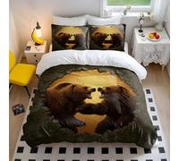 Roaring Brown Bear Duvet Cover King Size, Rustic Animal Print Bedding Set, 3D Bear Breaking Brick Wall Quilt Cover, Earth Tone Nature Theme Bedding with 2 Pillowcases (3,King + 80 x 80cm x2)