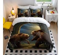 Roaring Brown Bear Duvet Cover King Size, Rustic Animal Print Bedding Set, 3D Bear Breaking Brick Wall Quilt Cover, Earth Tone Nature Theme Bedding with 2 Pillowcases (2,Single + 80 x 80cm x2)