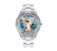 Roaring Cat,Fishes,Ocean Quartz Wrist Watch Stainless Steel Watches for Men Women Easy to Read