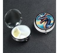 Roaring Dragon Pill Box with Mirror 3 Compartment Decorative Pill Case for Purse or Pocket Small Round Pill Organizer Weekly Metal Medicine Tablet Vitamin Holder Travel Gift
