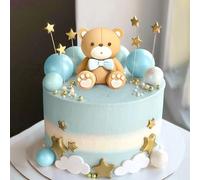 Roaring Good Time Blue Bear Cake Decoration Set - Boy Christening Teddy Bear Cake Topper - 16 Pieces - Blue