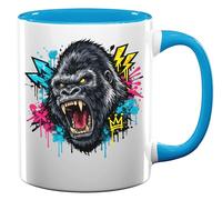 Roaring Gorilla with Neon Elements Ceramic Tea Coffee Mug Light Blue