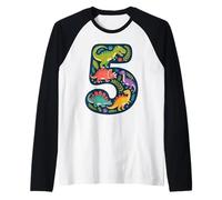 Roaring into 5 Five Year Old Dinosaur Birthday 5th Fifth Raglan Baseball Tee